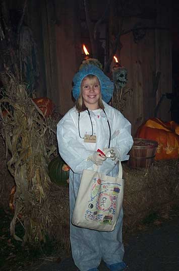 Sarah dressed as a doctor for Halloween 2002.