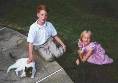 Sarah, her cousin Todd and Lucky the Cat, August 1997